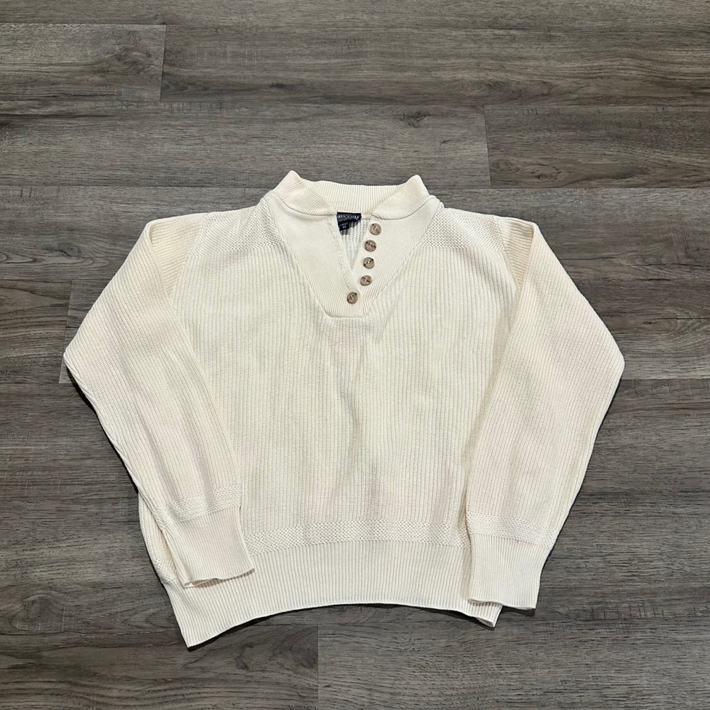 Vintage Lands End Cream Cotton Knit Henley Sweater Mock Neck USA Made Womens M